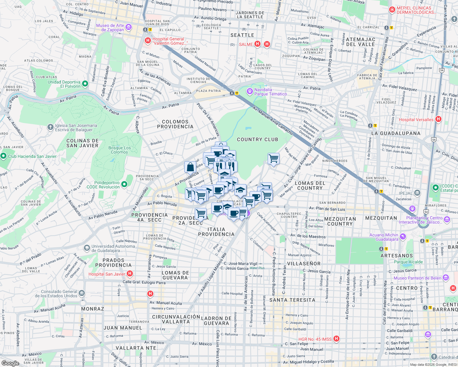 map of restaurants, bars, coffee shops, grocery stores, and more near 1421 Avenida de las Américas in Guadalajara