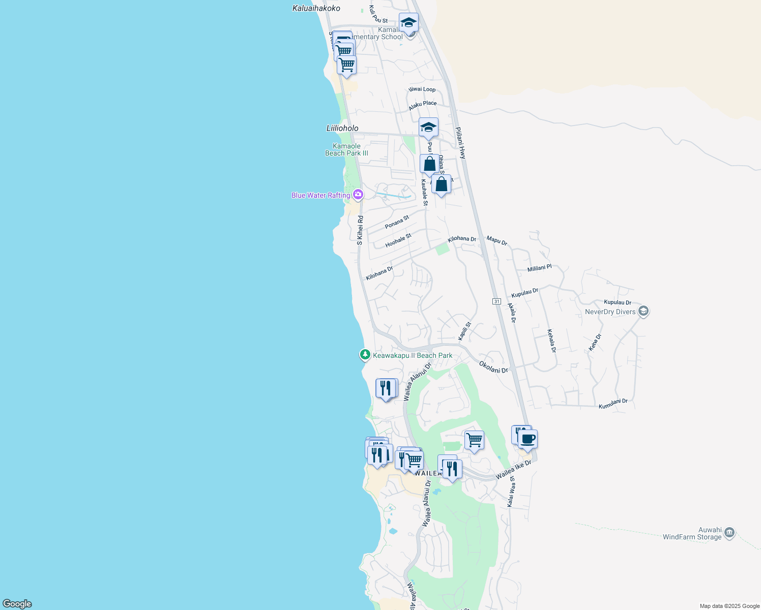 map of restaurants, bars, coffee shops, grocery stores, and more near 29 Hoawaa Way in Kihei