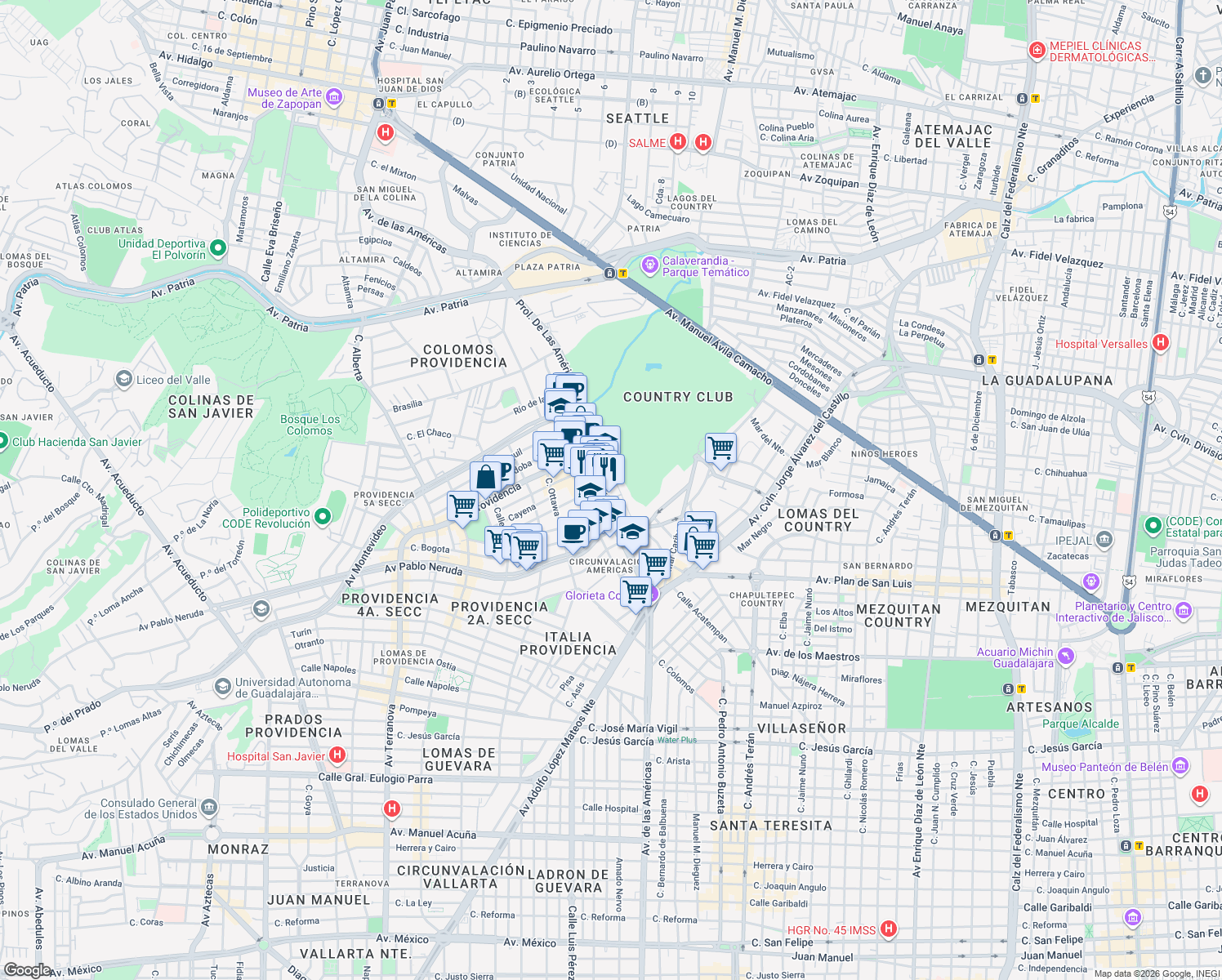 map of restaurants, bars, coffee shops, grocery stores, and more near 1462 Avenida de las Américas in Guadalajara