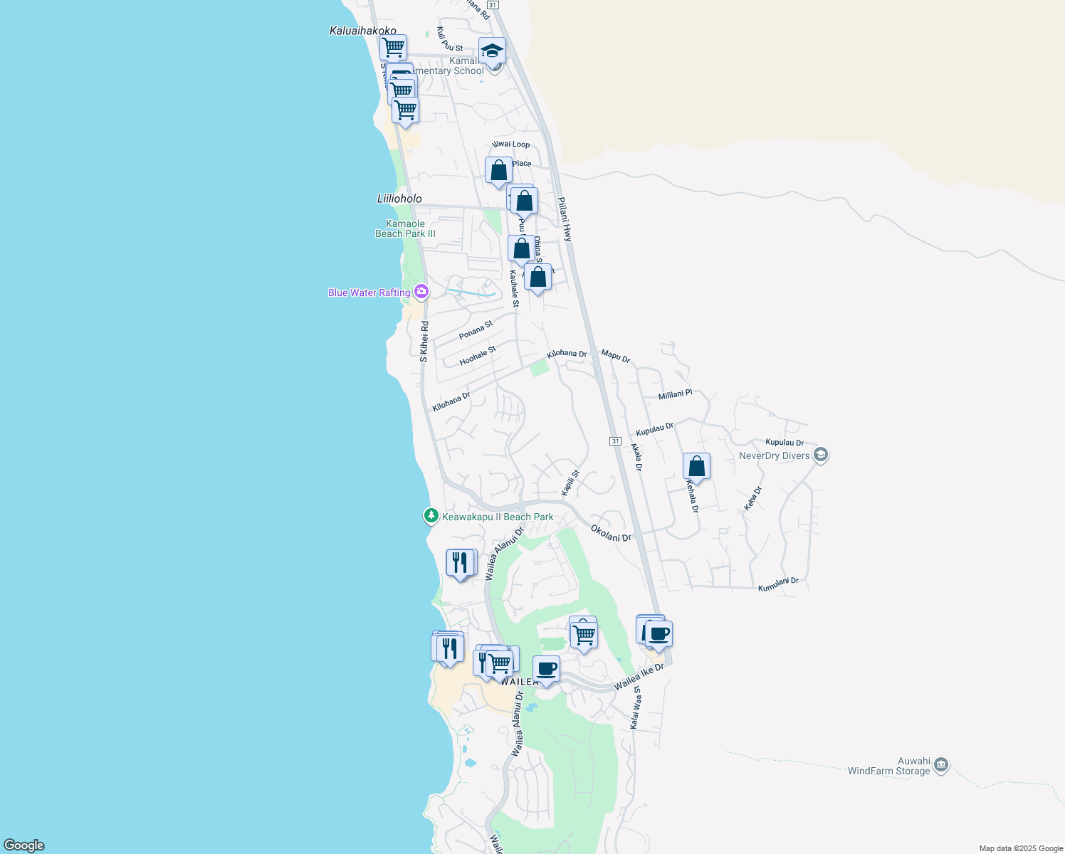 map of restaurants, bars, coffee shops, grocery stores, and more near 211 Heleuma Place in Kihei