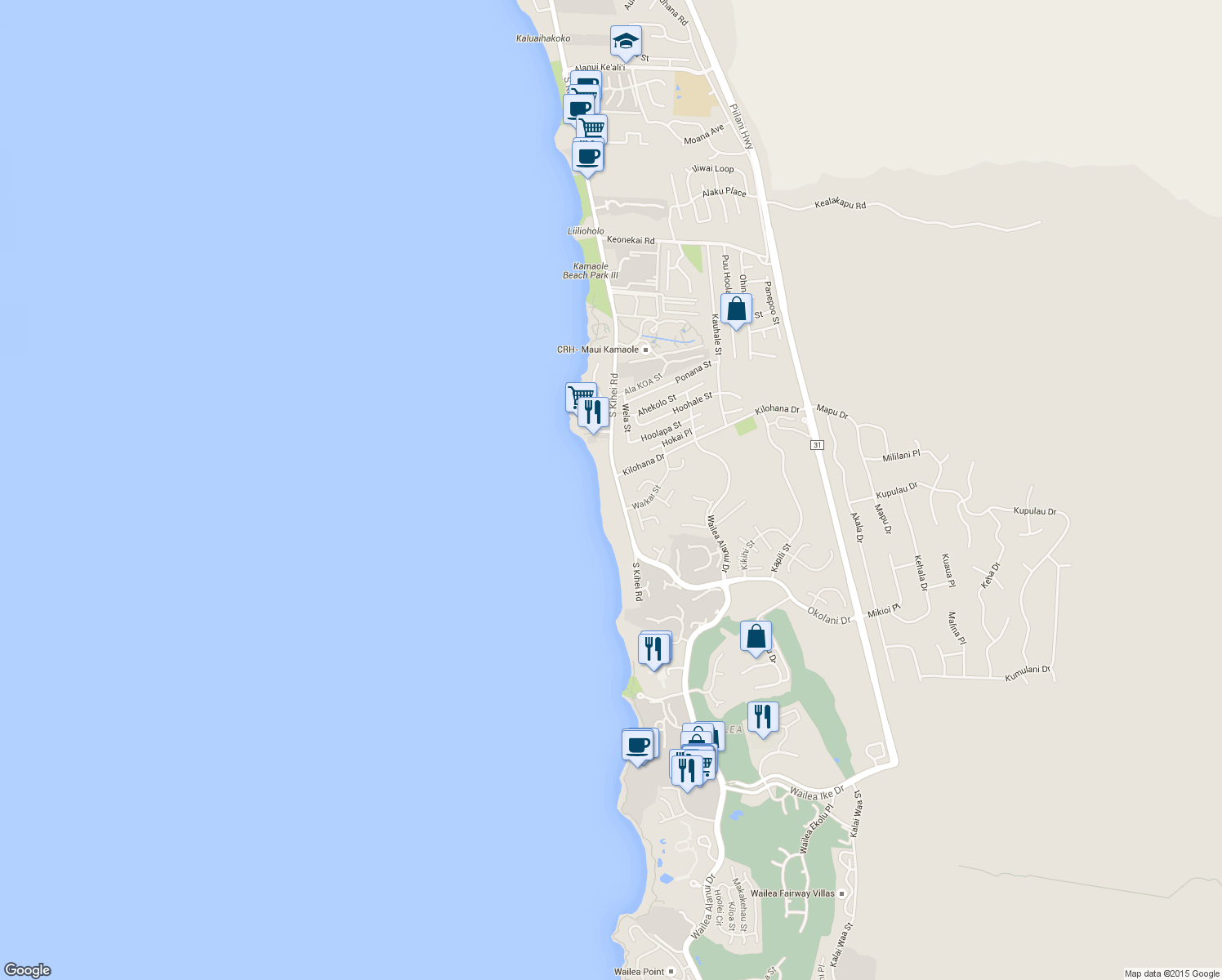 map of restaurants, bars, coffee shops, grocery stores, and more near 3070 South Kihei Road in Kihei