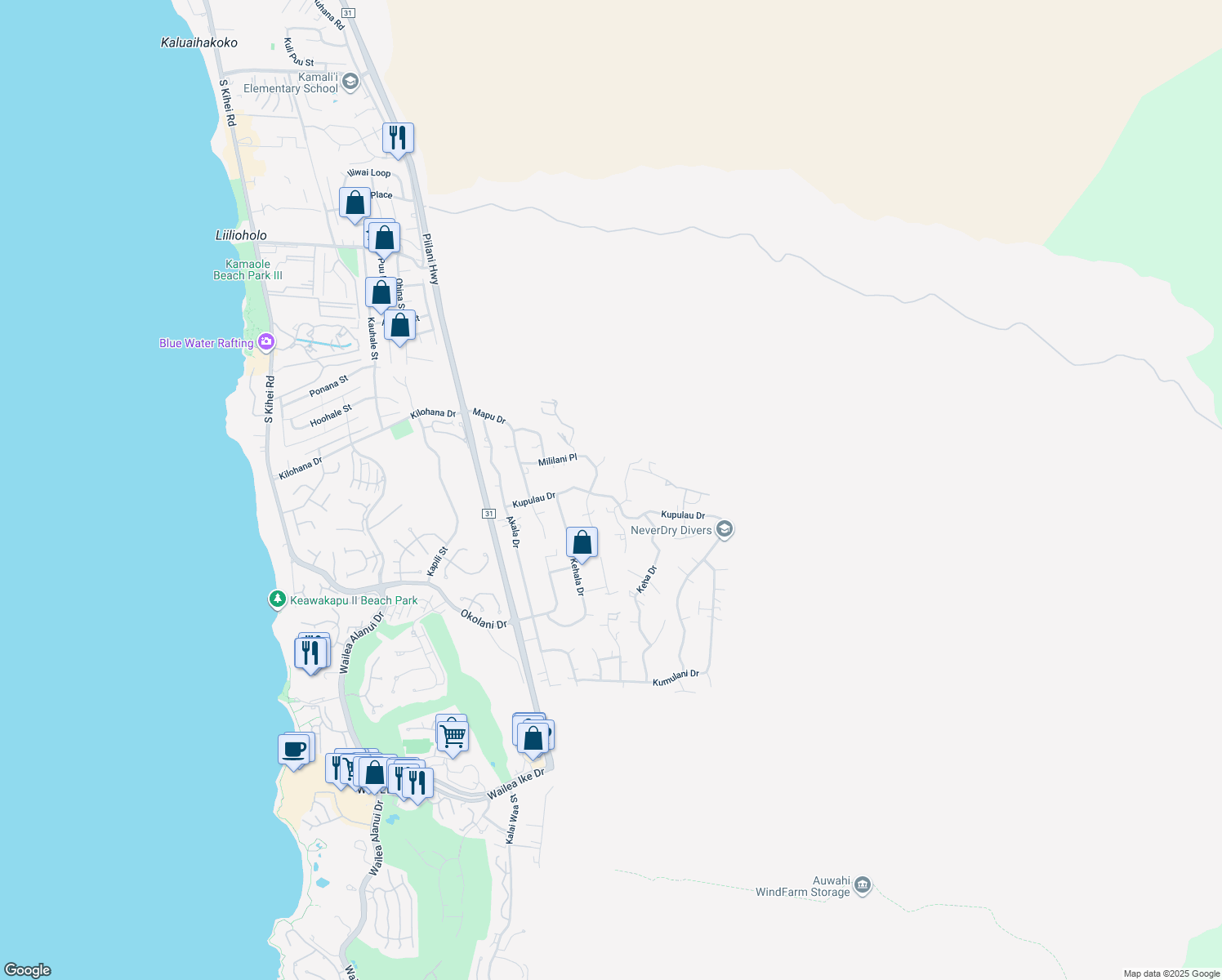 map of restaurants, bars, coffee shops, grocery stores, and more near 619 Kupulau Drive in Kihei