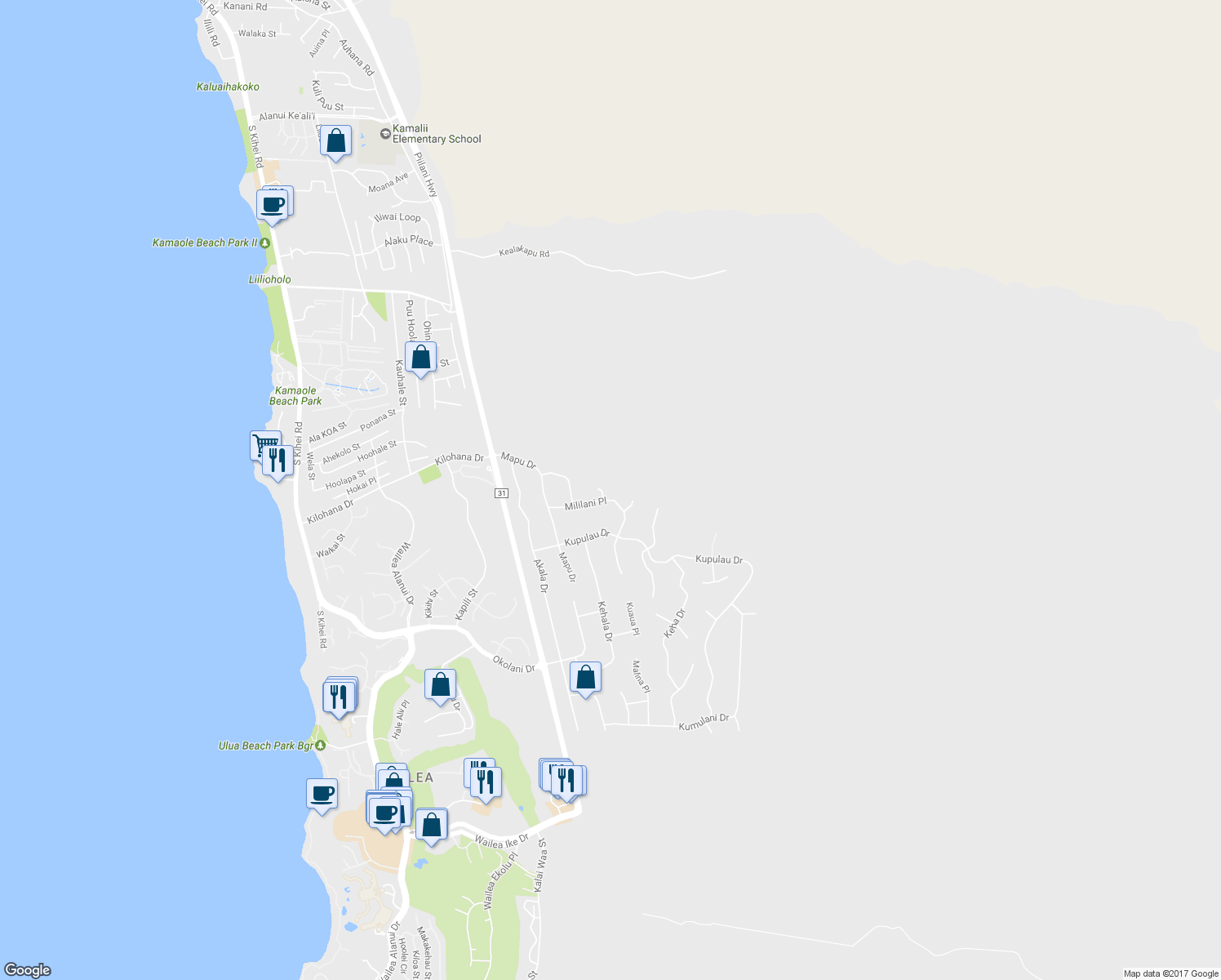 map of restaurants, bars, coffee shops, grocery stores, and more near 3149 Makamae Place in Kihei