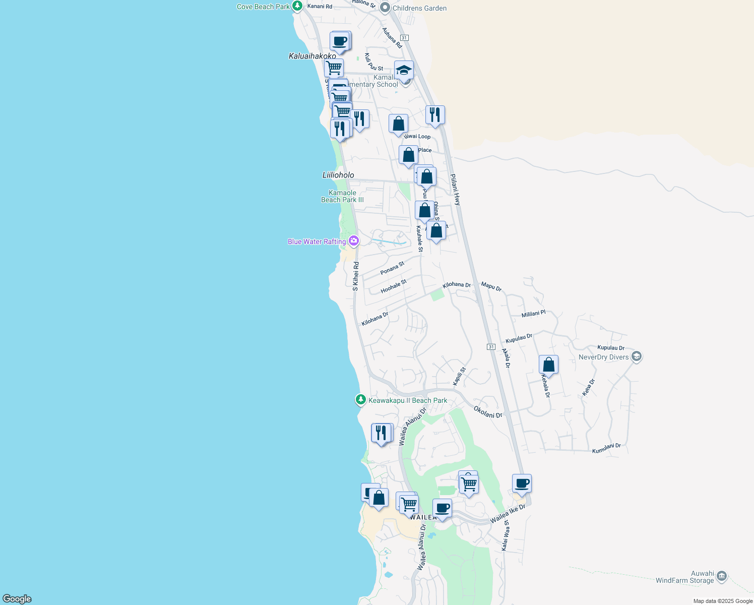 map of restaurants, bars, coffee shops, grocery stores, and more near 143 Hoolapa Street in Kihei