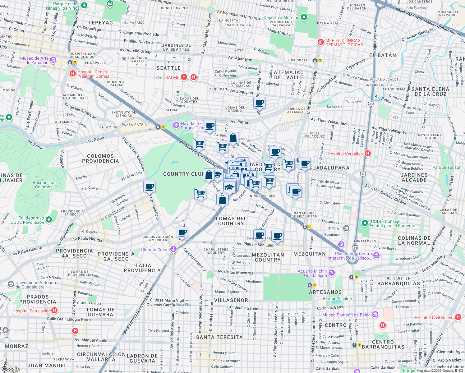 map of restaurants, bars, coffee shops, grocery stores, and more near 2131 Mar Marmara in Guadalajara