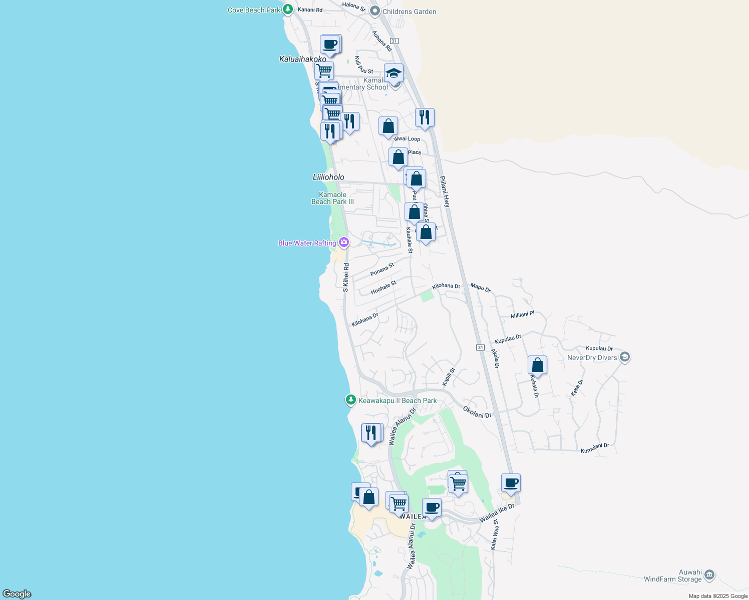 map of restaurants, bars, coffee shops, grocery stores, and more near 104 Hoolapa Street in Kihei