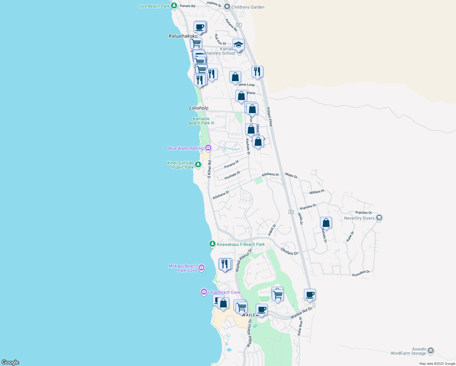 map of restaurants, bars, coffee shops, grocery stores, and more near 95 Hoolapa Street in Kihei