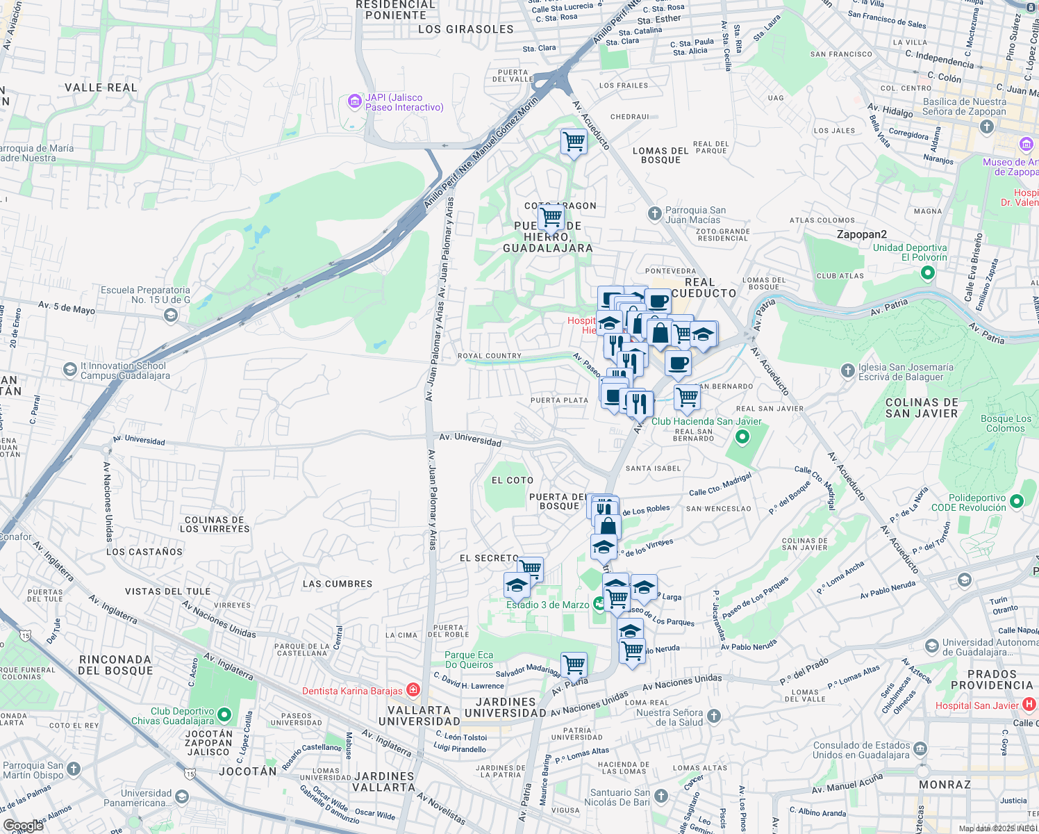 map of restaurants, bars, coffee shops, grocery stores, and more near 1000 Avenida Universidad in Zapopan