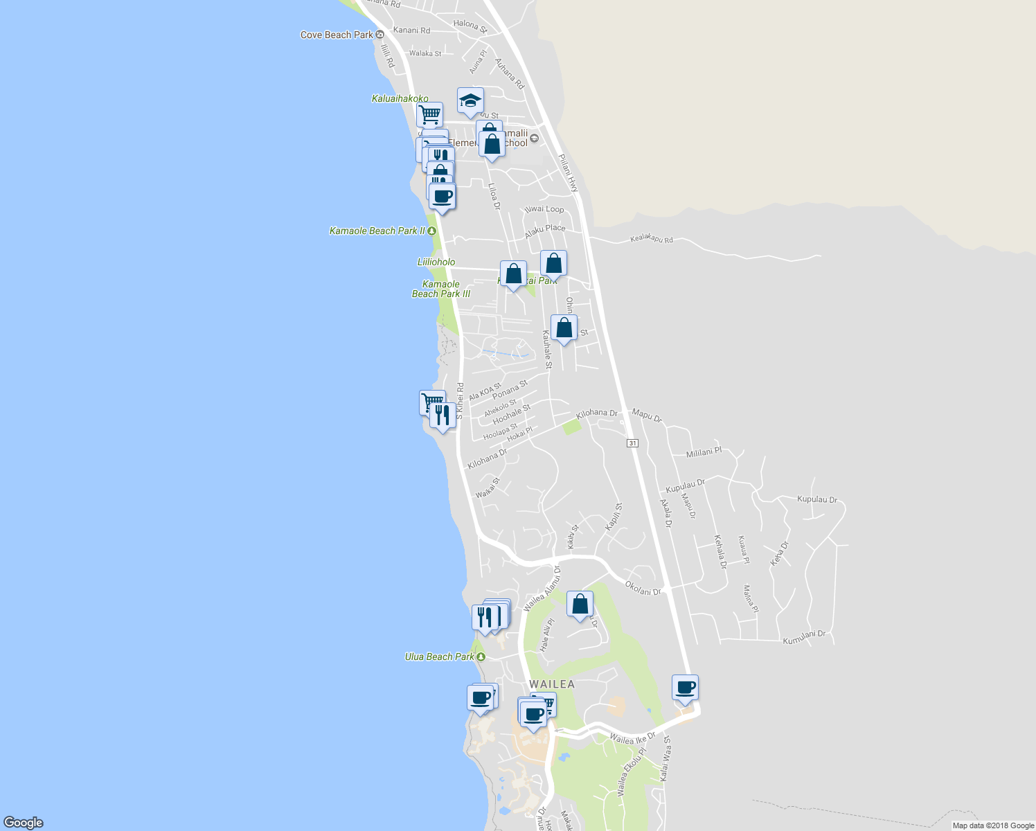 map of restaurants, bars, coffee shops, grocery stores, and more near 104 Hoohale Street in Kihei