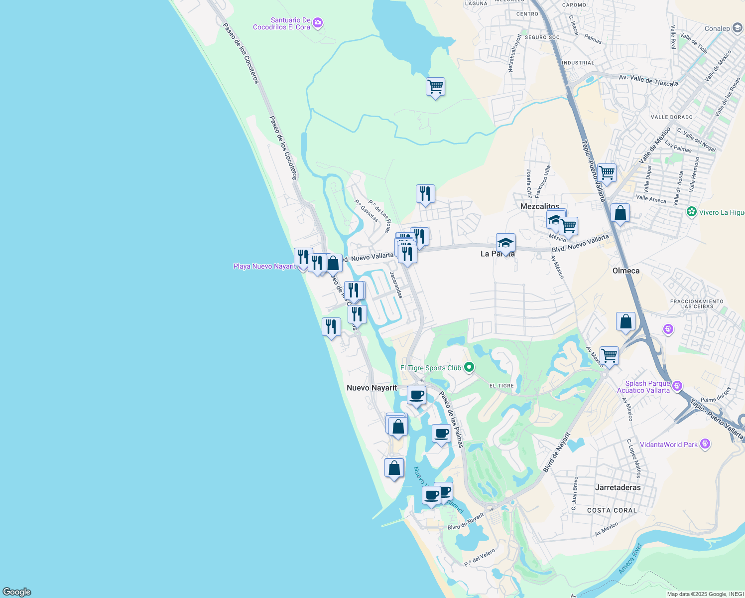 map of restaurants, bars, coffee shops, grocery stores, and more near Tulipanes in Nuevo Vallarta