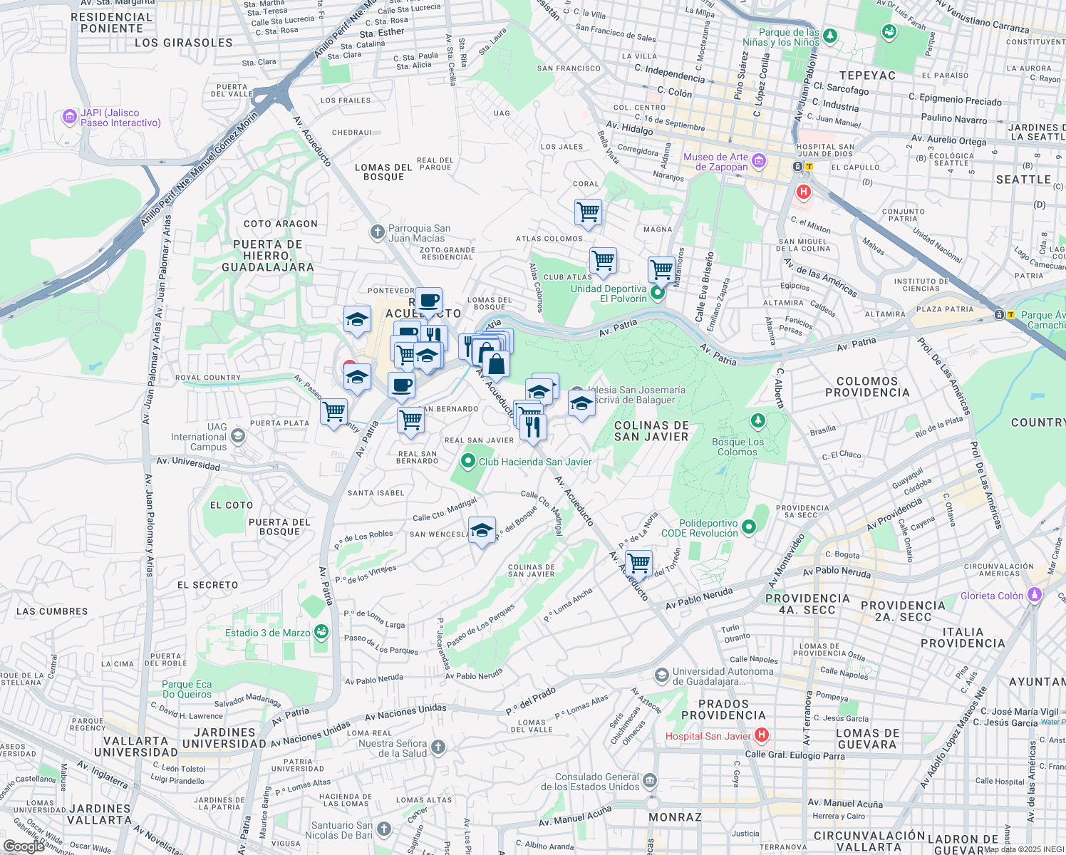 map of restaurants, bars, coffee shops, grocery stores, and more near 2100 Avenida Acueducto in Zapopan