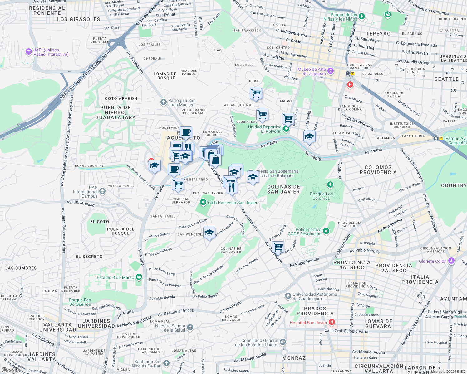 map of restaurants, bars, coffee shops, grocery stores, and more near 2100 Avenida Acueducto in Zapopan