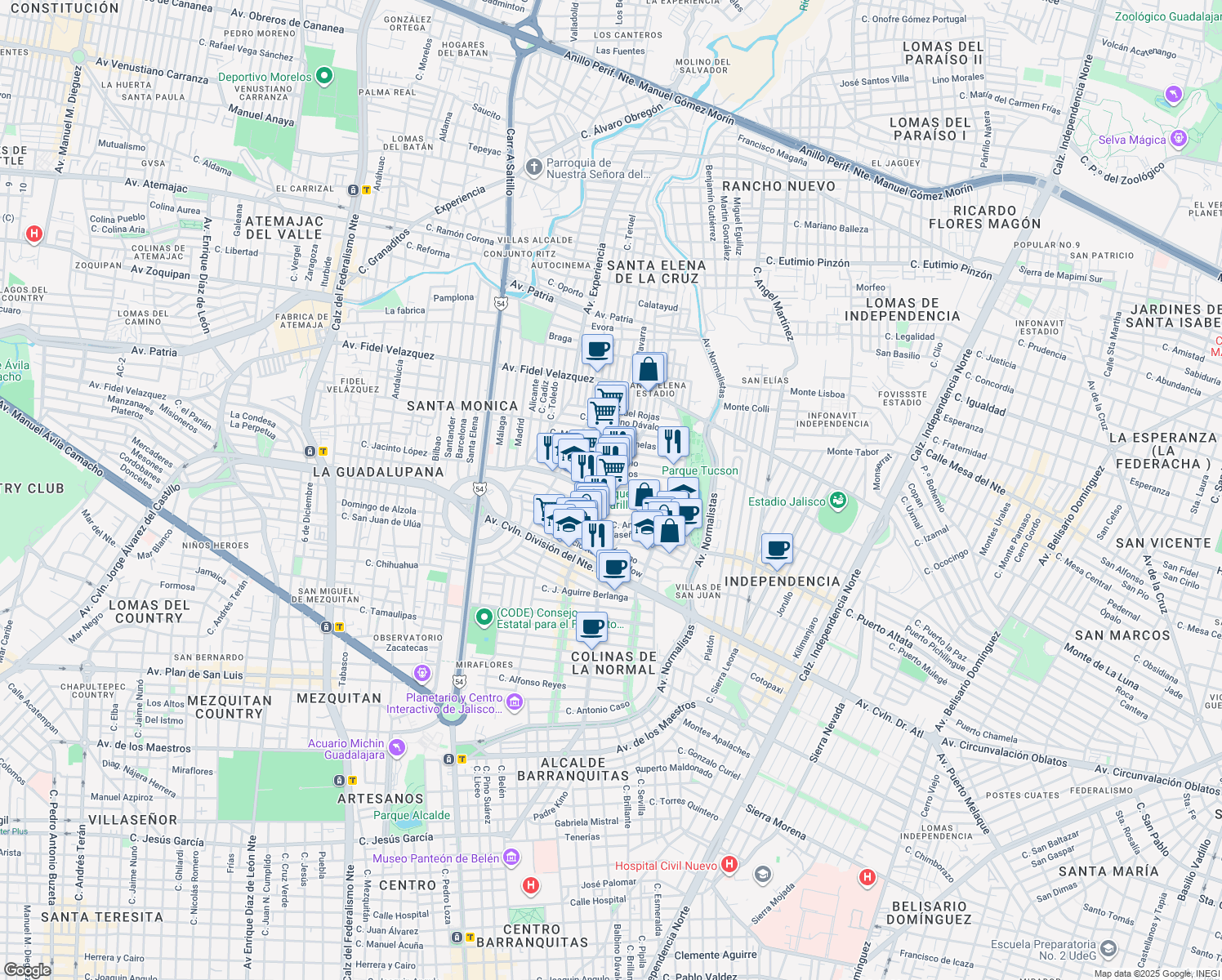 map of restaurants, bars, coffee shops, grocery stores, and more near Calle Juan Zubaran in Guadalajara