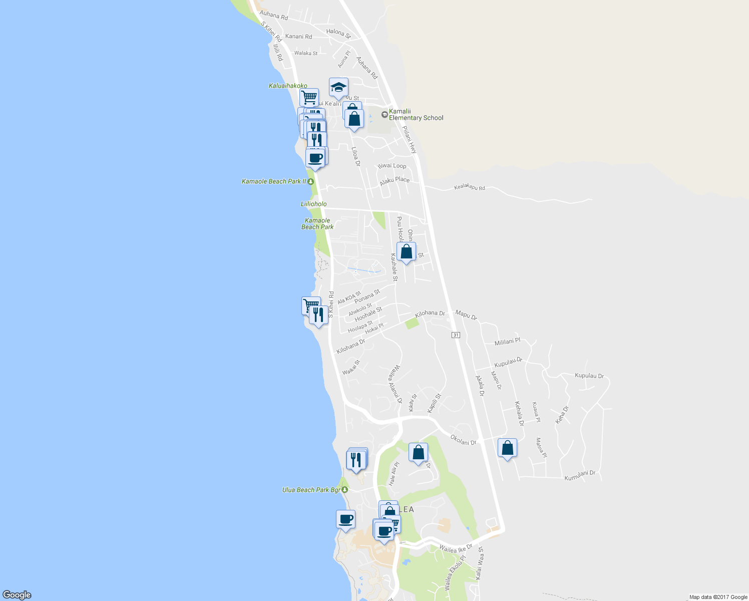 map of restaurants, bars, coffee shops, grocery stores, and more near 135 Ahekolo Street in Kihei
