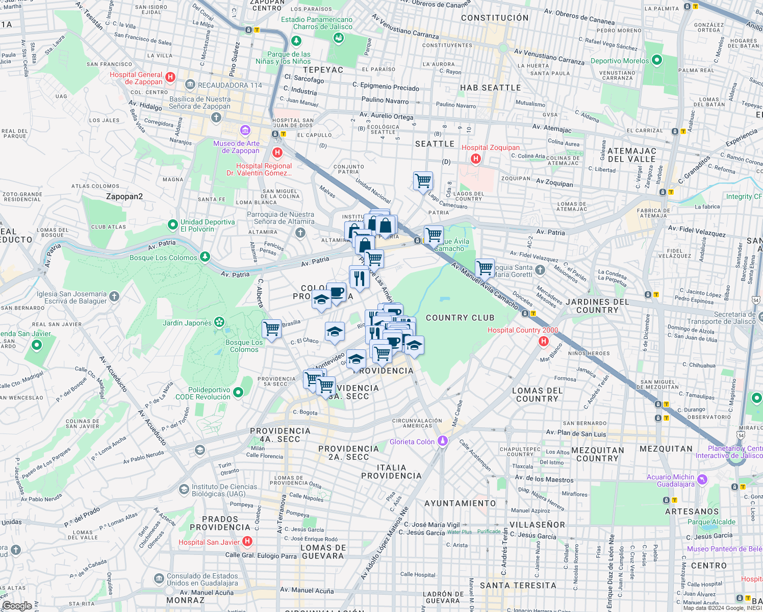 map of restaurants, bars, coffee shops, grocery stores, and more near Colomos in Guadalajara