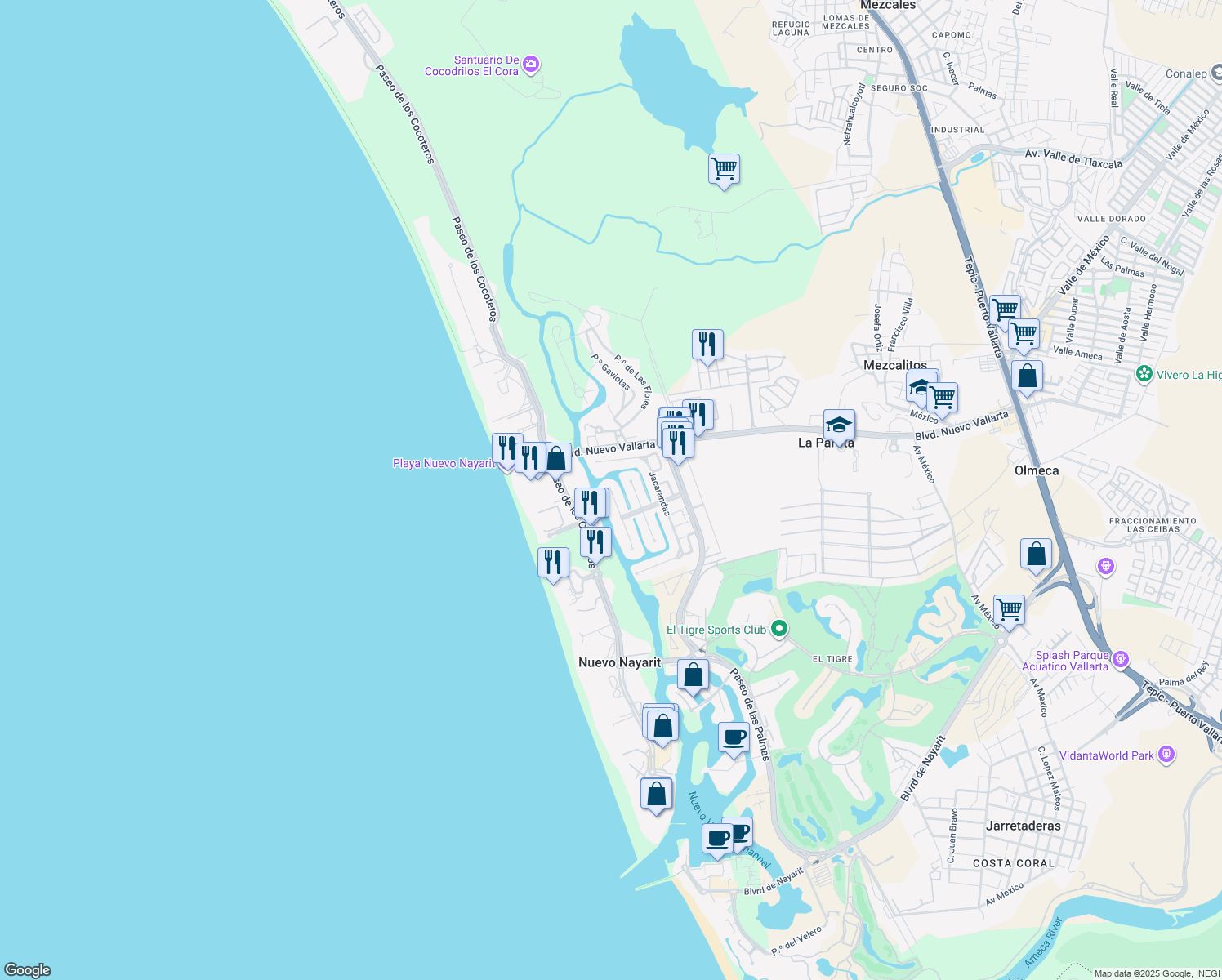 map of restaurants, bars, coffee shops, grocery stores, and more near Tulipanes in Nuevo Vallarta