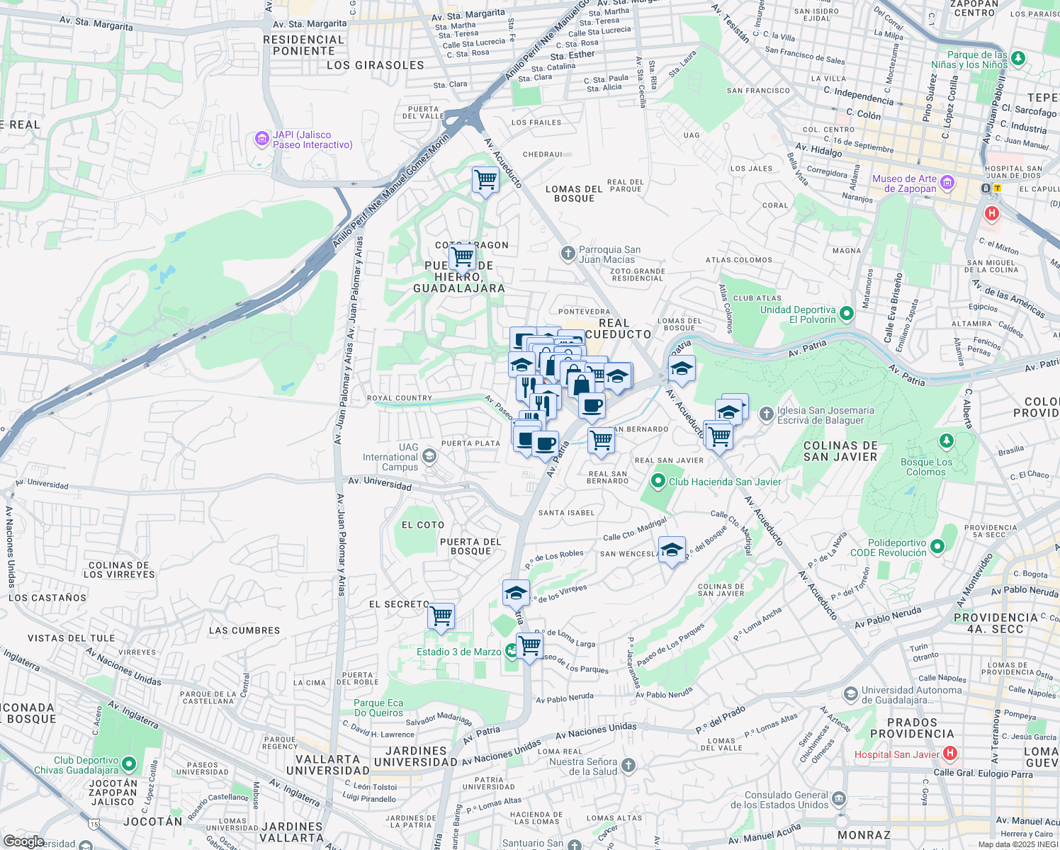 map of restaurants, bars, coffee shops, grocery stores, and more near 4596 Avenida Paseo Royal Country in Zapopan