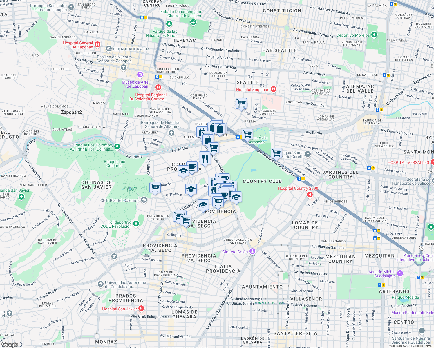 map of restaurants, bars, coffee shops, grocery stores, and more near Colomos in Guadalajara