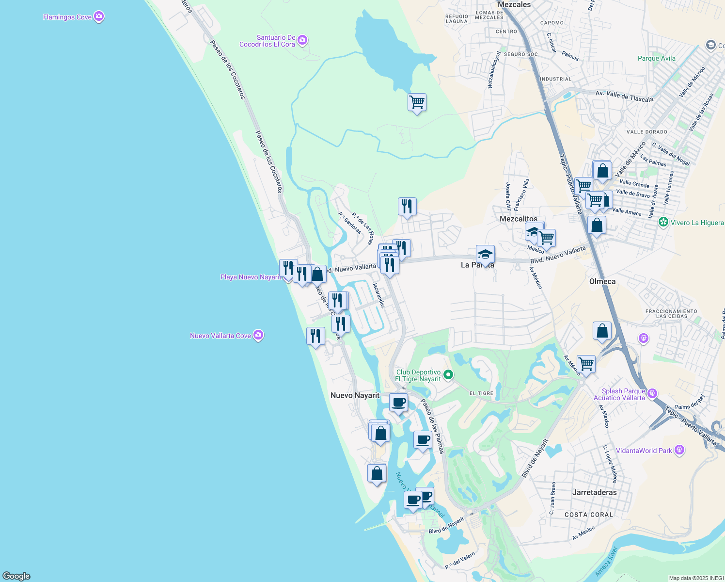 map of restaurants, bars, coffee shops, grocery stores, and more near 76 Primavera in Nuevo Vallarta