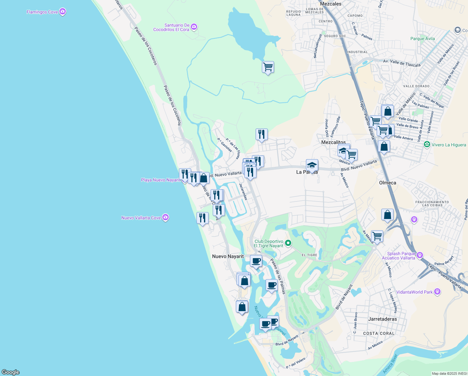 map of restaurants, bars, coffee shops, grocery stores, and more near 76 Primavera in Nuevo Vallarta