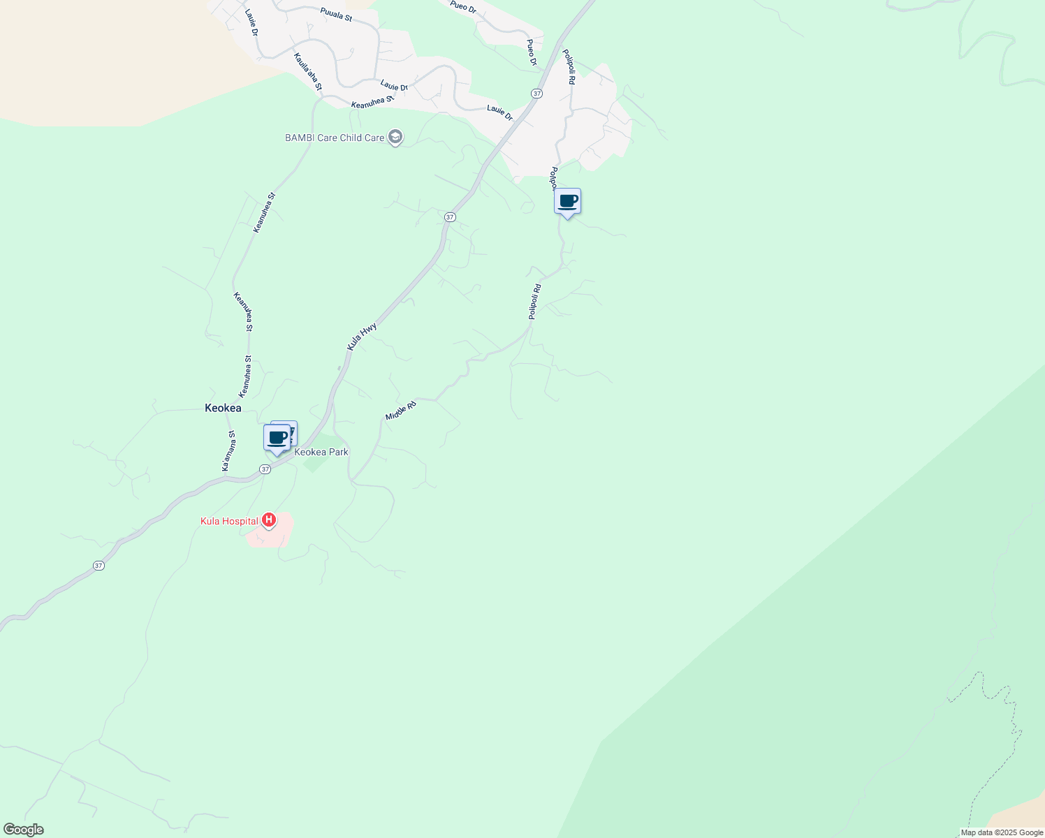 map of restaurants, bars, coffee shops, grocery stores, and more near 1617 Polipoli Road in Kula