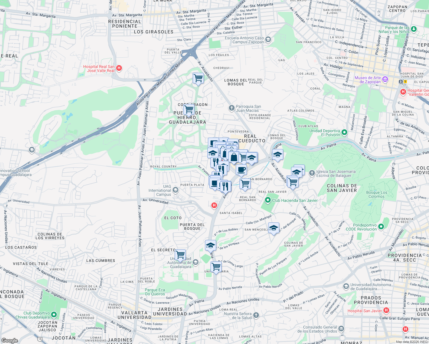 map of restaurants, bars, coffee shops, grocery stores, and more near 135 Avenida Empresarios in Zapopan