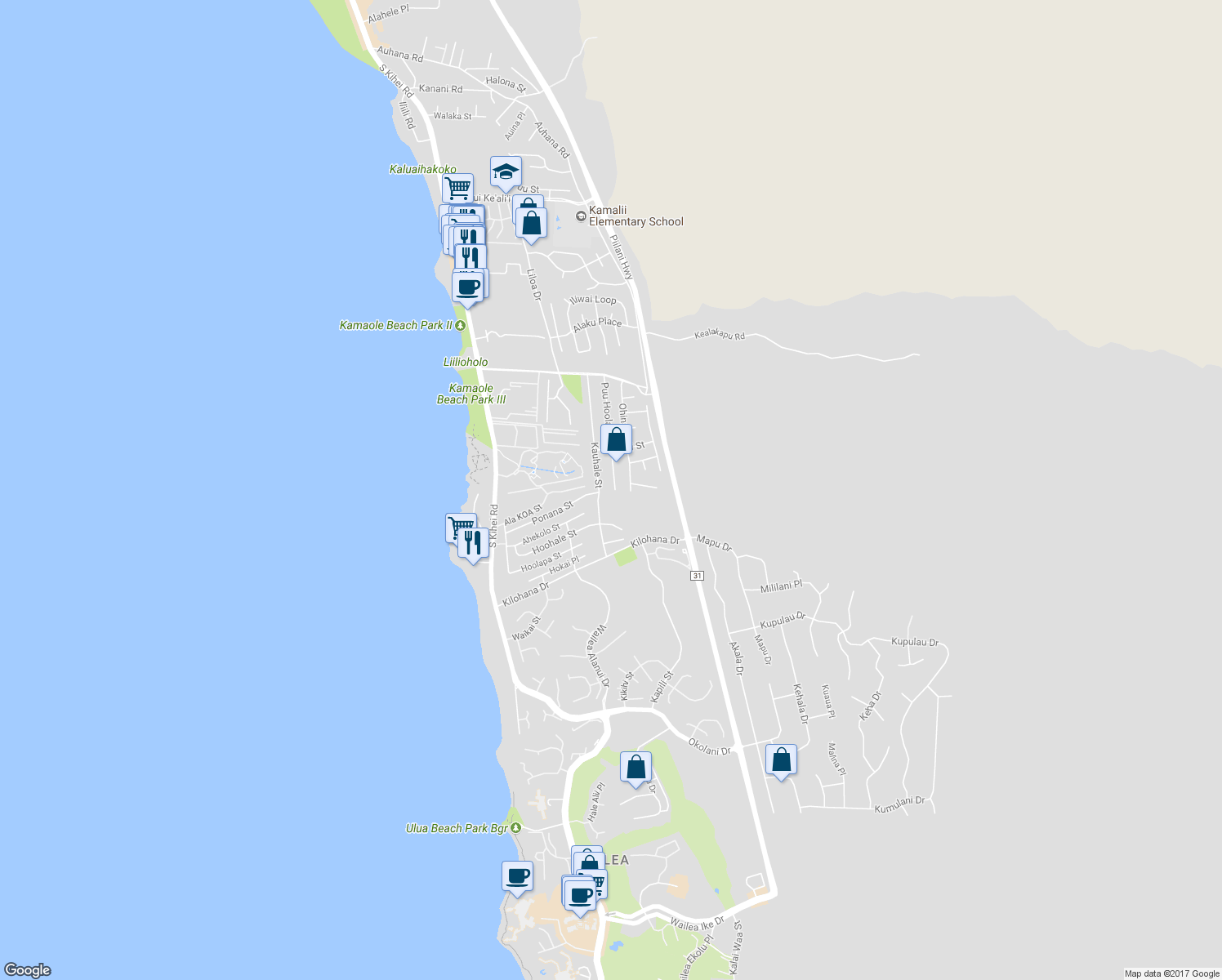 map of restaurants, bars, coffee shops, grocery stores, and more near 2864 Puu Hoolai Street in Kihei