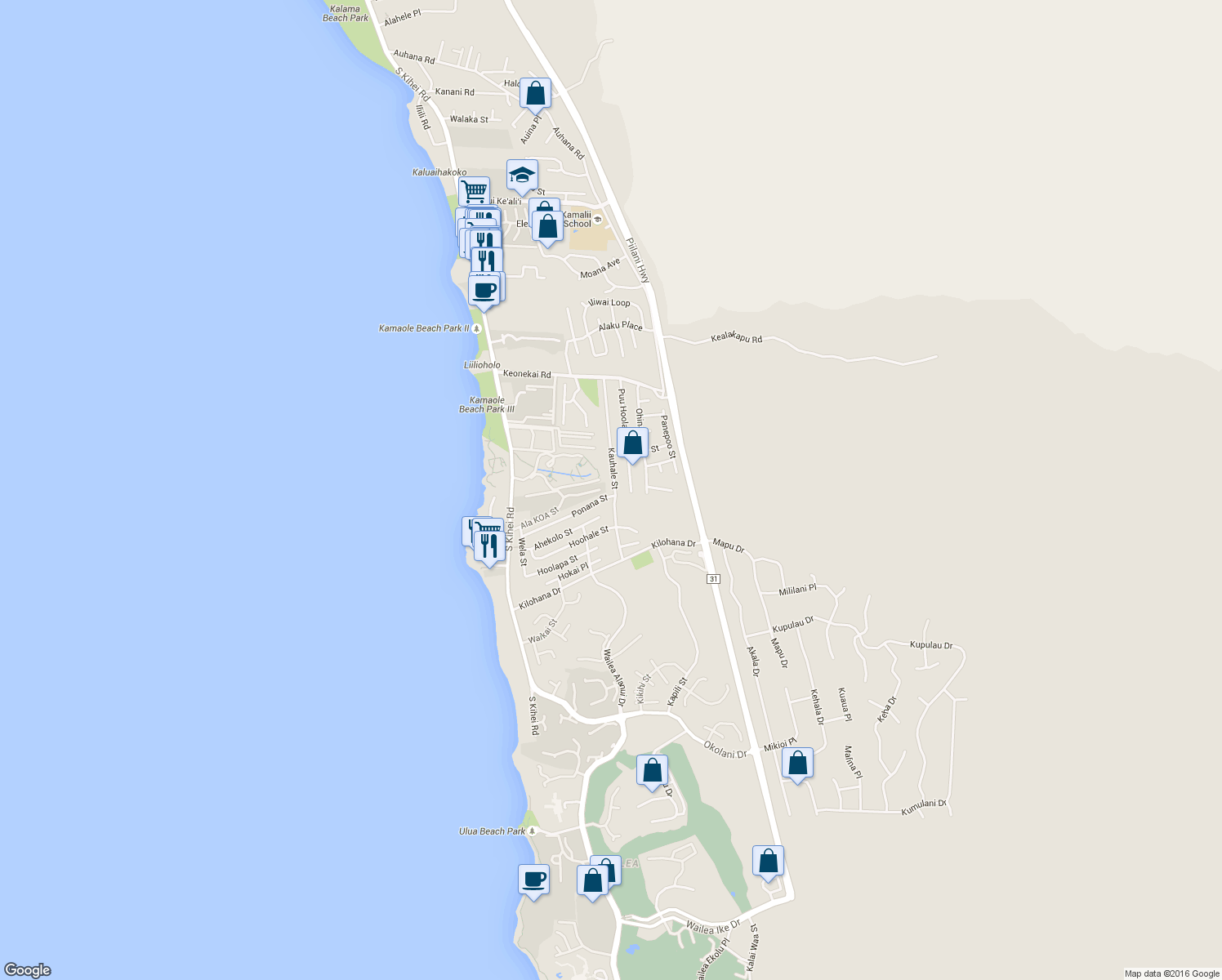 map of restaurants, bars, coffee shops, grocery stores, and more near 2870 Kauhale Street in Kihei