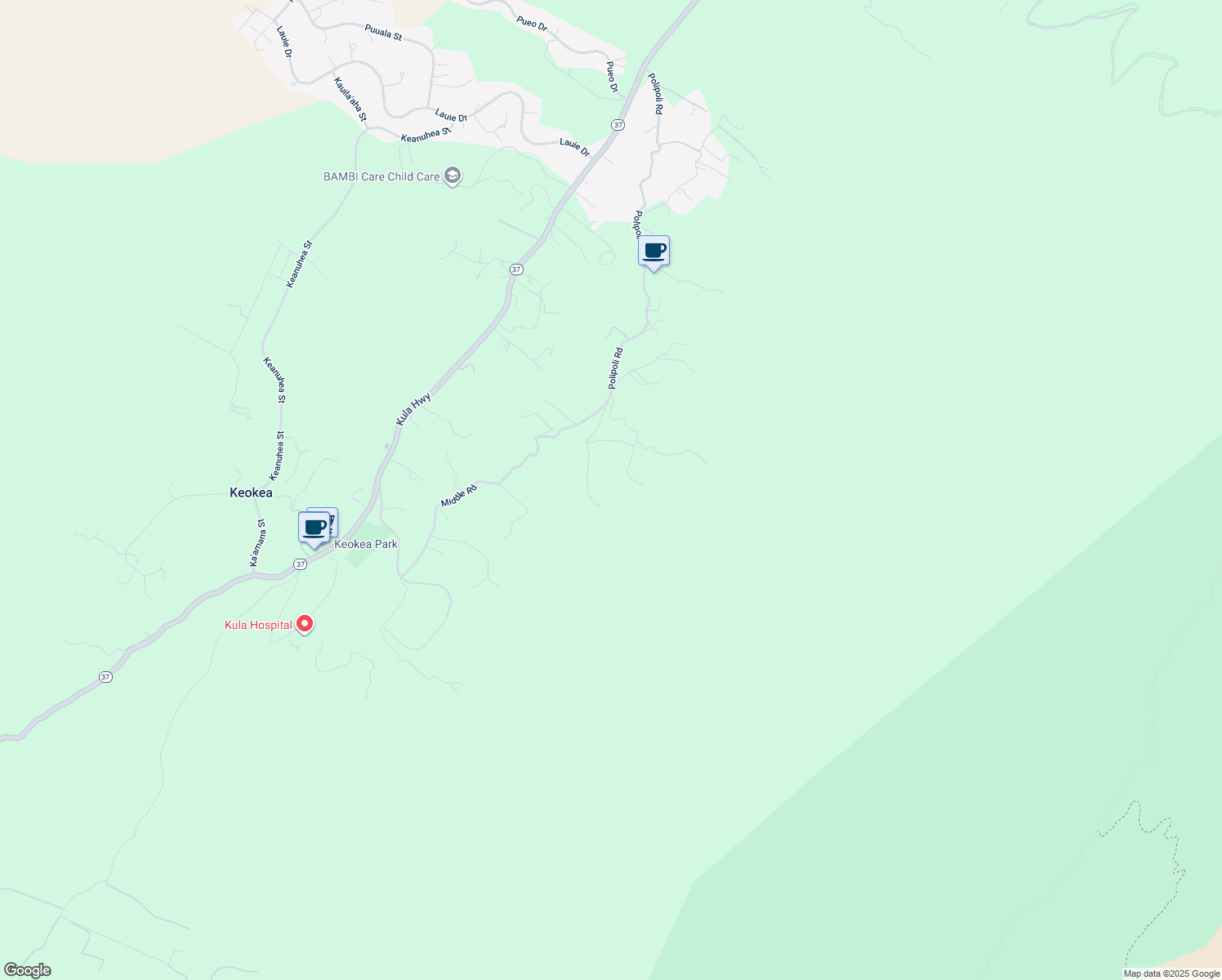 map of restaurants, bars, coffee shops, grocery stores, and more near 1617 Polipoli Road in Kula