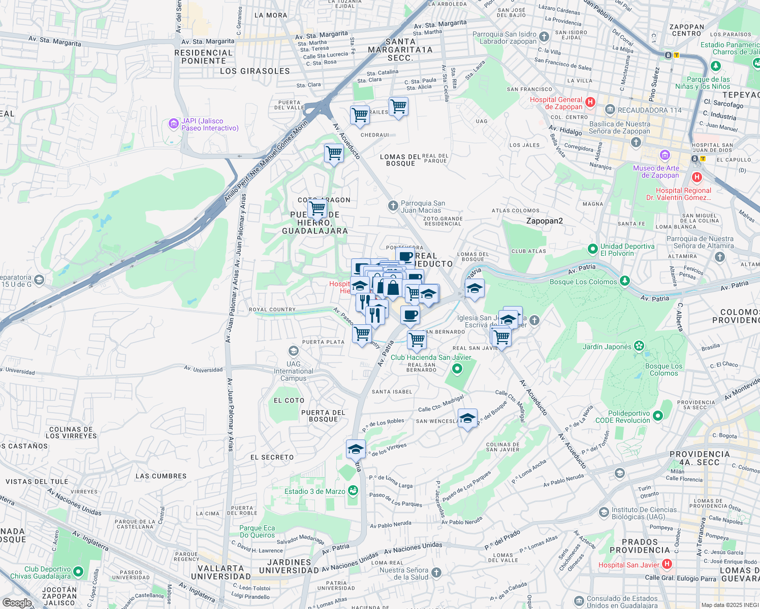 map of restaurants, bars, coffee shops, grocery stores, and more near 5065 Boulevard Puerta de Hierro in Zapopan