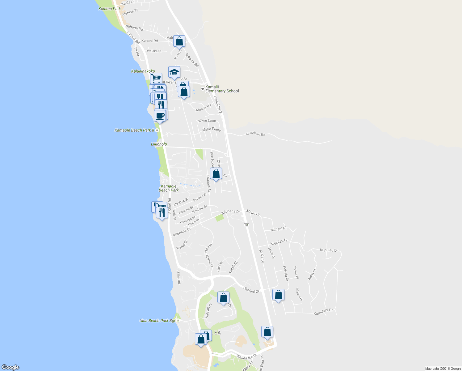 map of restaurants, bars, coffee shops, grocery stores, and more near 2844 Panepoo St in Kihei
