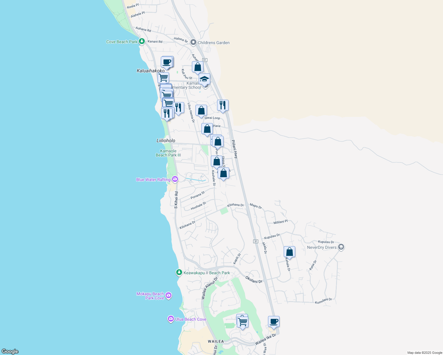 map of restaurants, bars, coffee shops, grocery stores, and more near 2823 Puu Hoolai Street in Kihei