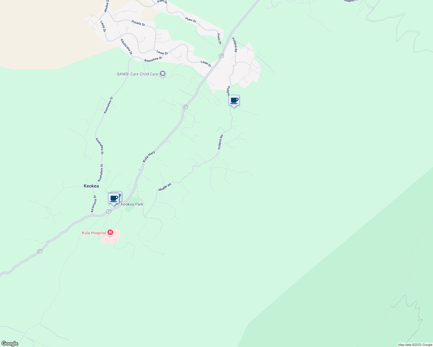 map of restaurants, bars, coffee shops, grocery stores, and more near 1511 Polipoli Road in Kula