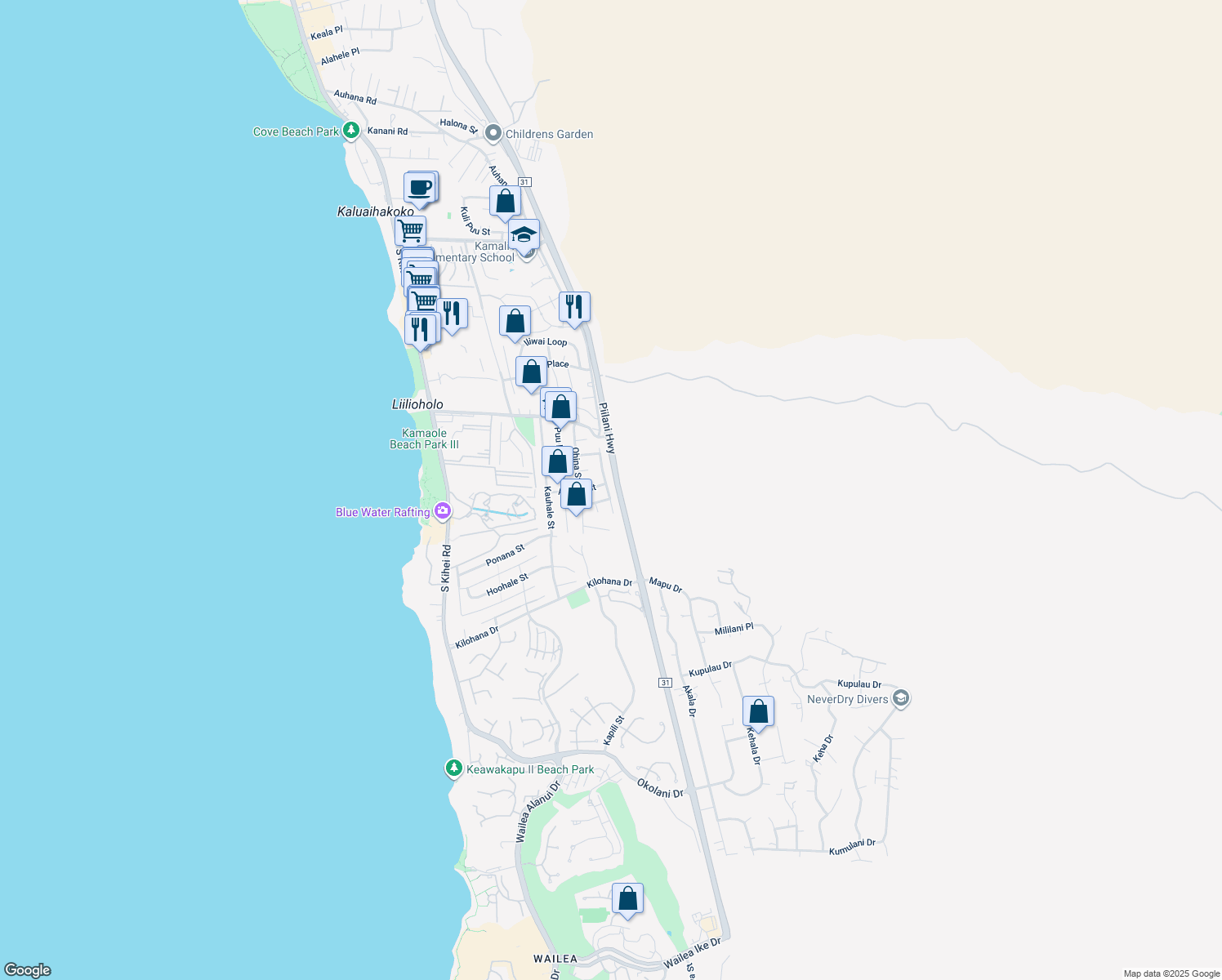 map of restaurants, bars, coffee shops, grocery stores, and more near 2803 Panepoo Street in Kihei