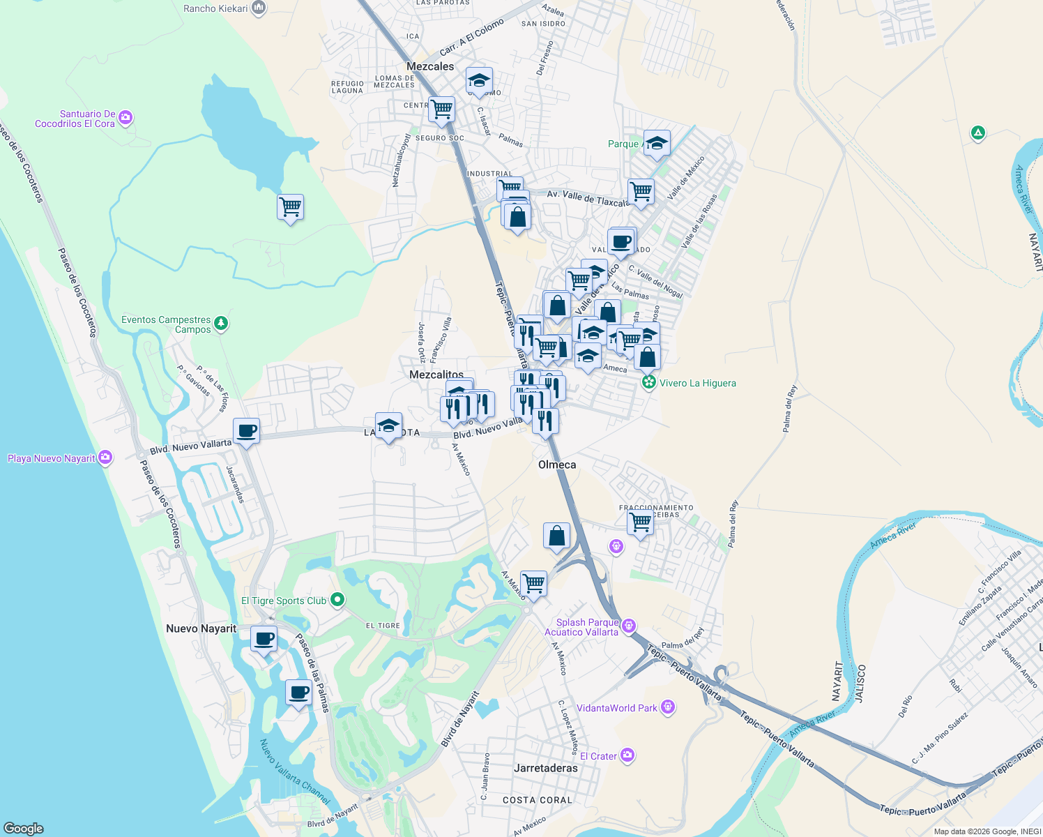 map of restaurants, bars, coffee shops, grocery stores, and more near 5 Boulevard Nuevo Vallarta in Las Jarretaderas