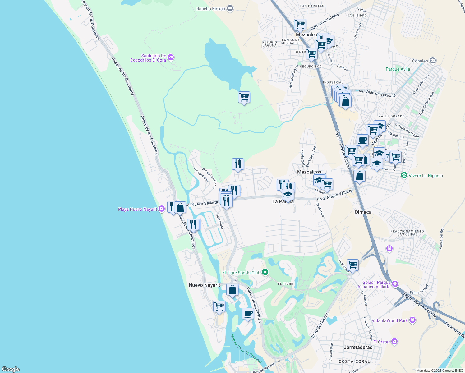 map of restaurants, bars, coffee shops, grocery stores, and more near 1000 Boulevard Nuevo Vallarta in Nuevo Vallarta