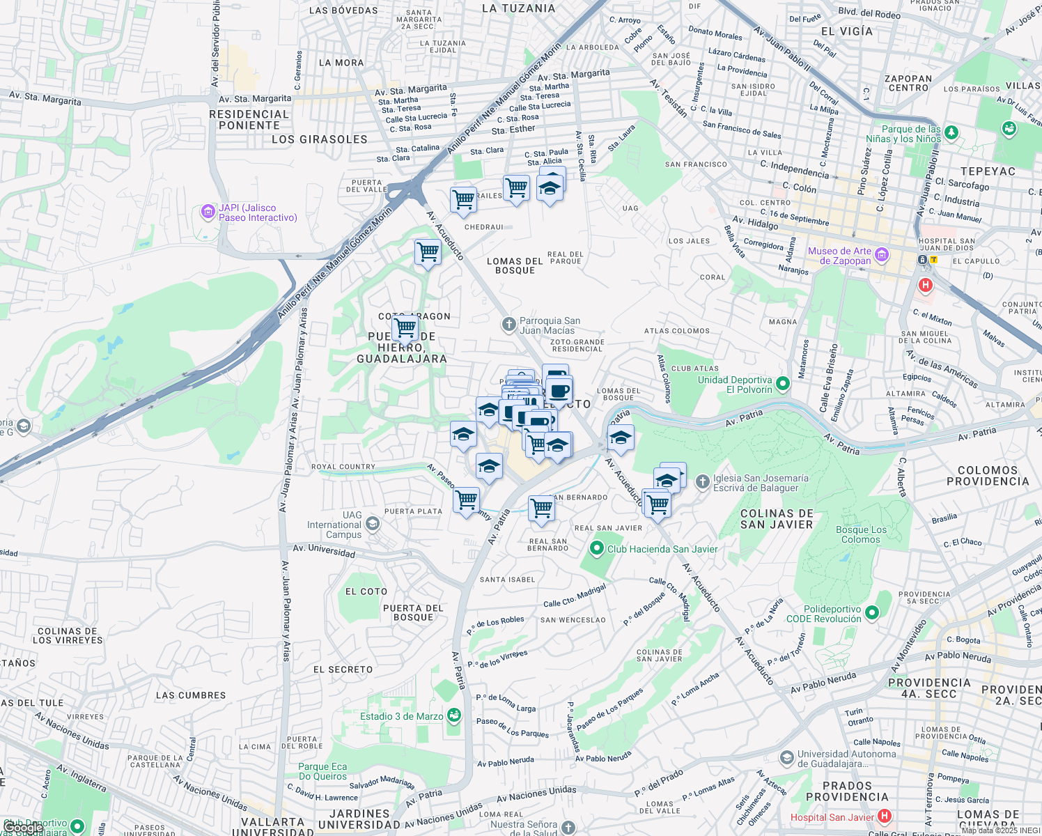 map of restaurants, bars, coffee shops, grocery stores, and more near 4965 Boulevard Puerta de Hierro in Zapopan