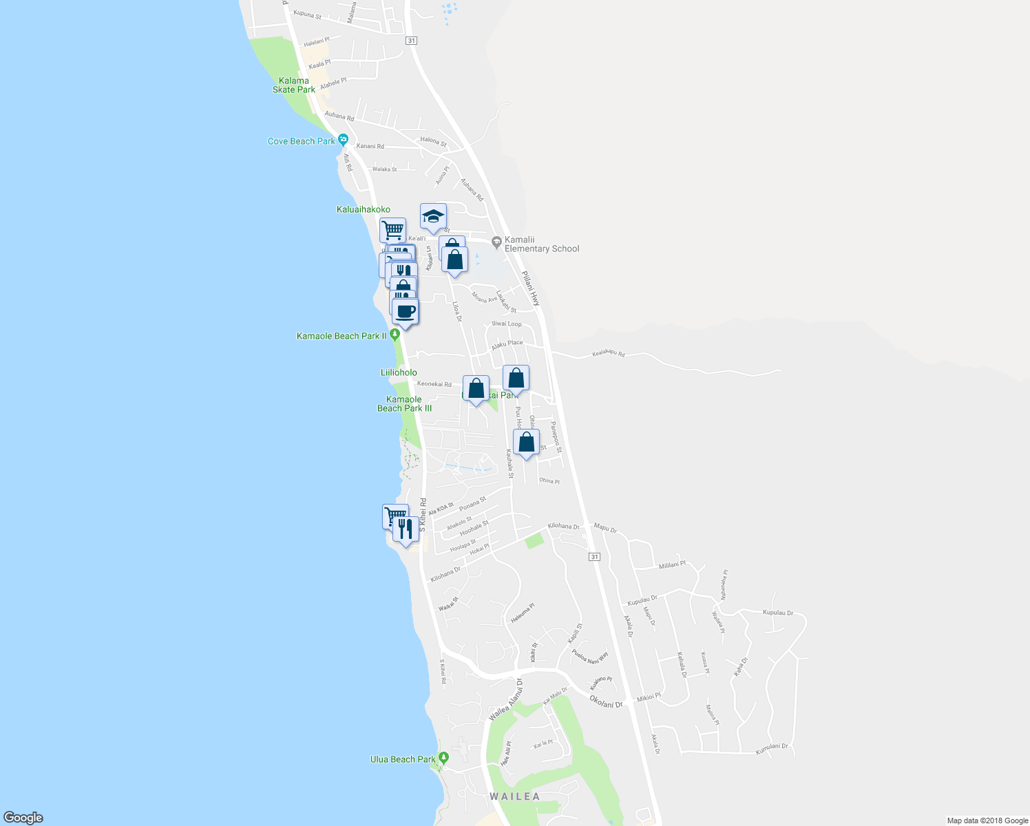 map of restaurants, bars, coffee shops, grocery stores, and more near 2724 Puu Hoolai Street in Kihei