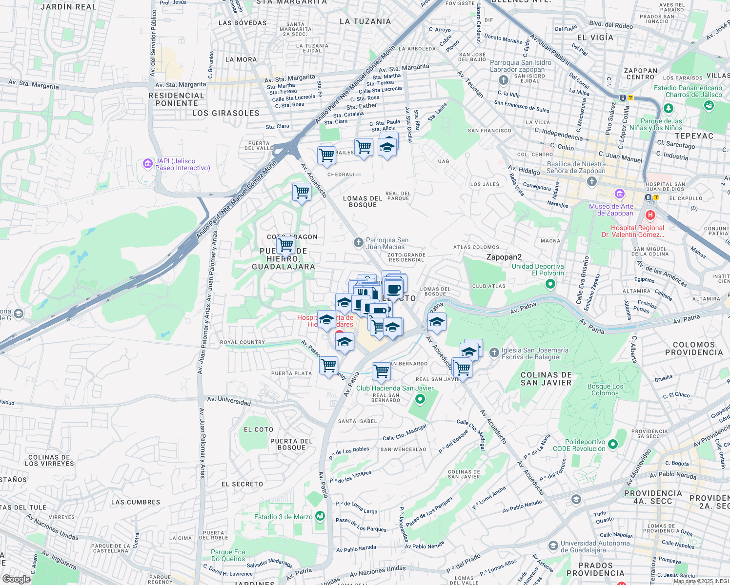 map of restaurants, bars, coffee shops, grocery stores, and more near 5065 Boulevard Puerta de Hierro in Zapopan