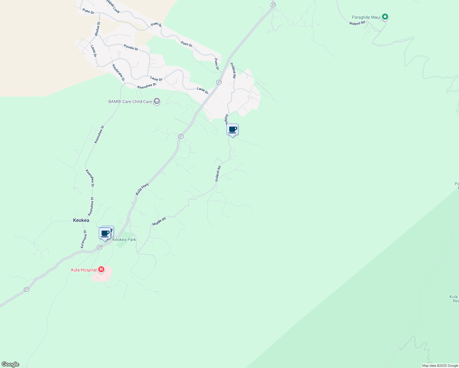 map of restaurants, bars, coffee shops, grocery stores, and more near 1270 Middle Road in Kula