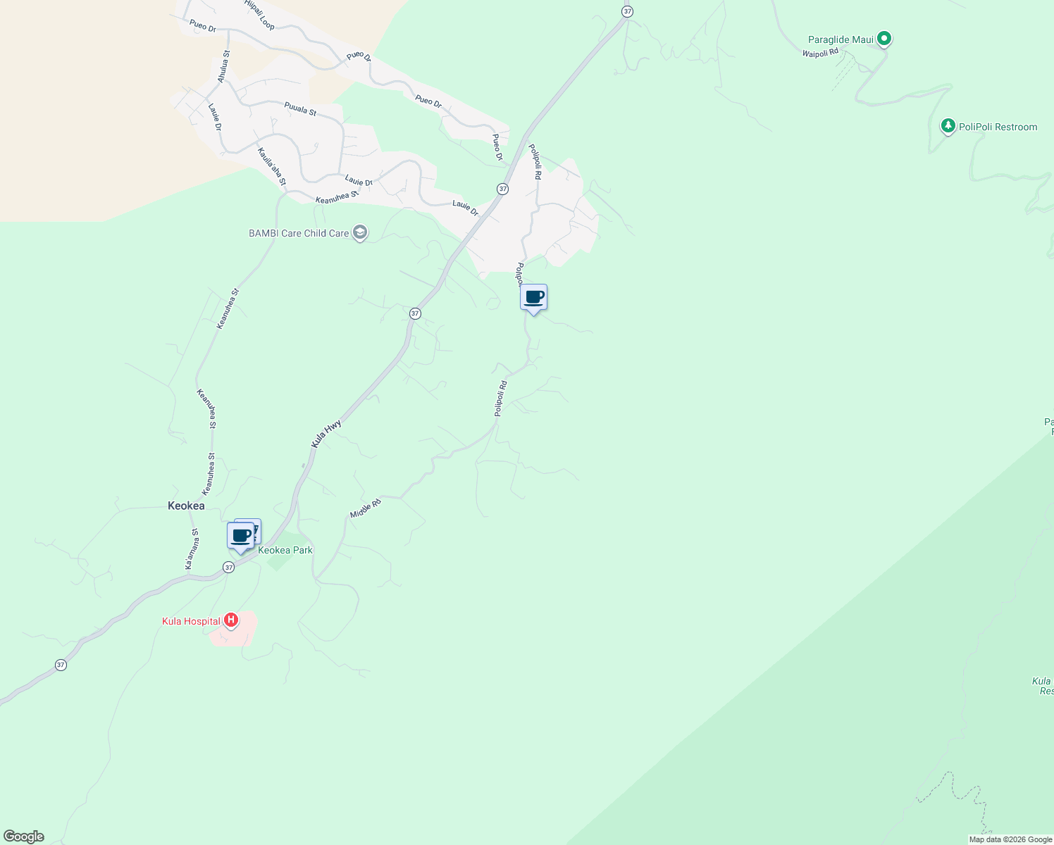 map of restaurants, bars, coffee shops, grocery stores, and more near 1270 Middle Road in Kula