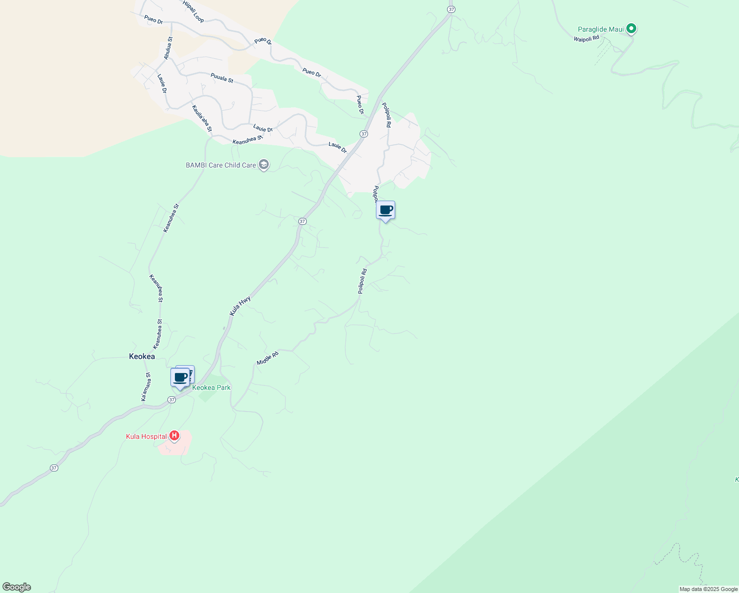 map of restaurants, bars, coffee shops, grocery stores, and more near 1154 Middle Road in Kula