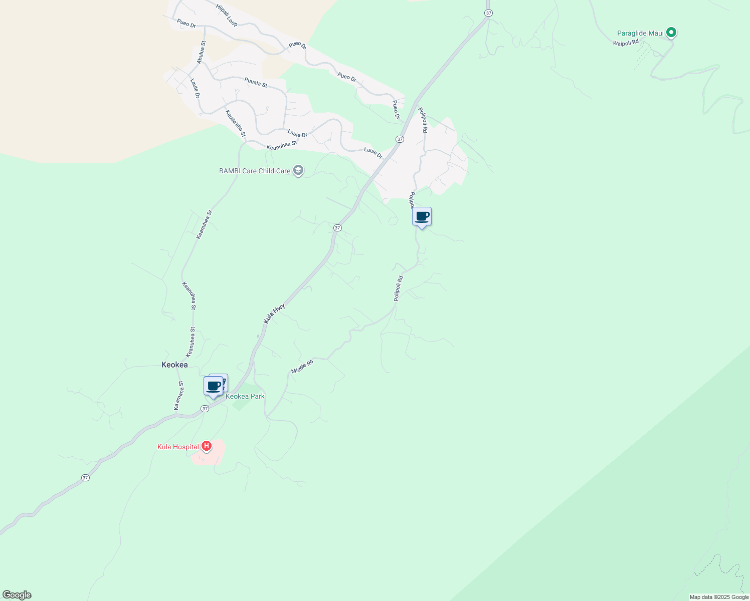 map of restaurants, bars, coffee shops, grocery stores, and more near 945 Middle Road in Kula