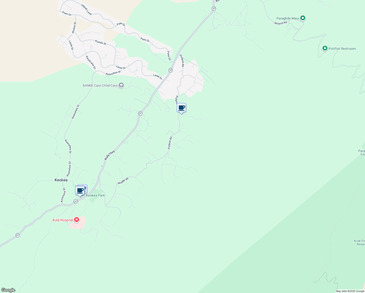 map of restaurants, bars, coffee shops, grocery stores, and more near 1270 Middle Road in Kula