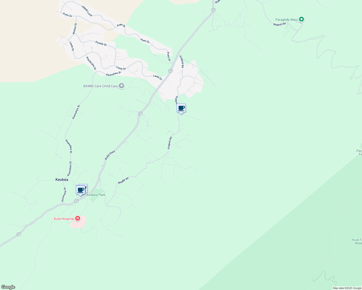 map of restaurants, bars, coffee shops, grocery stores, and more near 1270 Middle Road in Kula