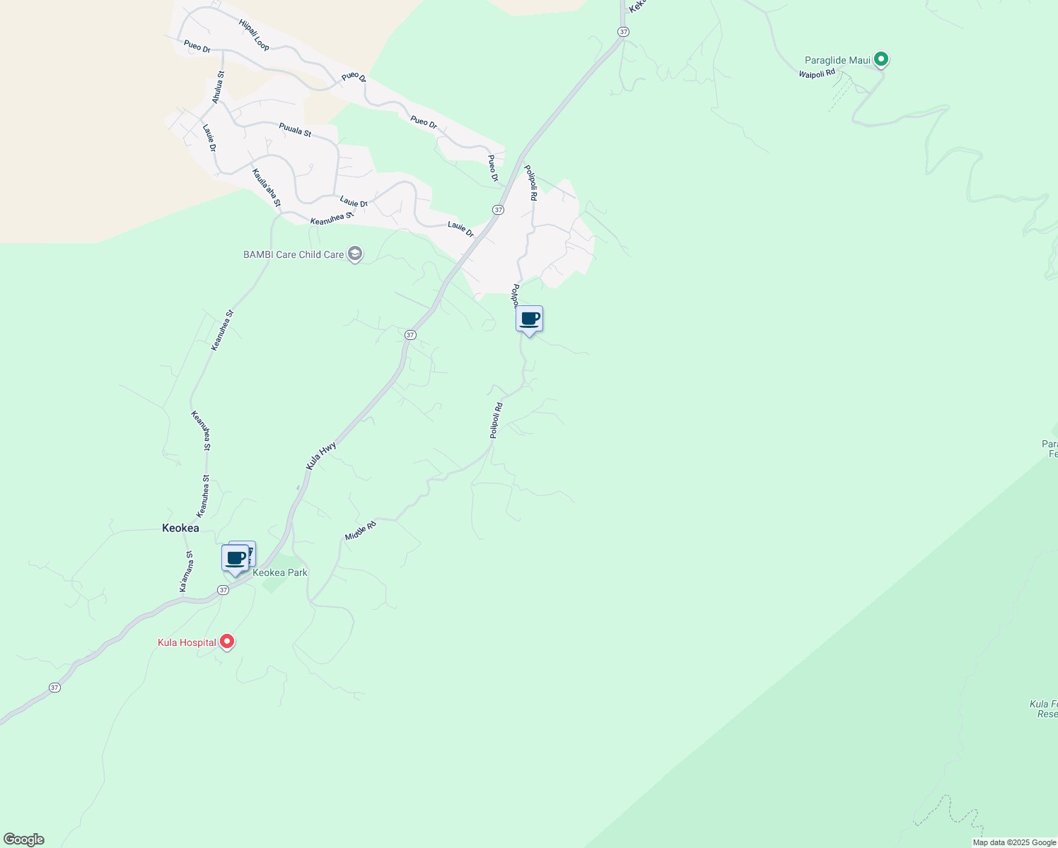map of restaurants, bars, coffee shops, grocery stores, and more near 1270 Middle Road in Kula