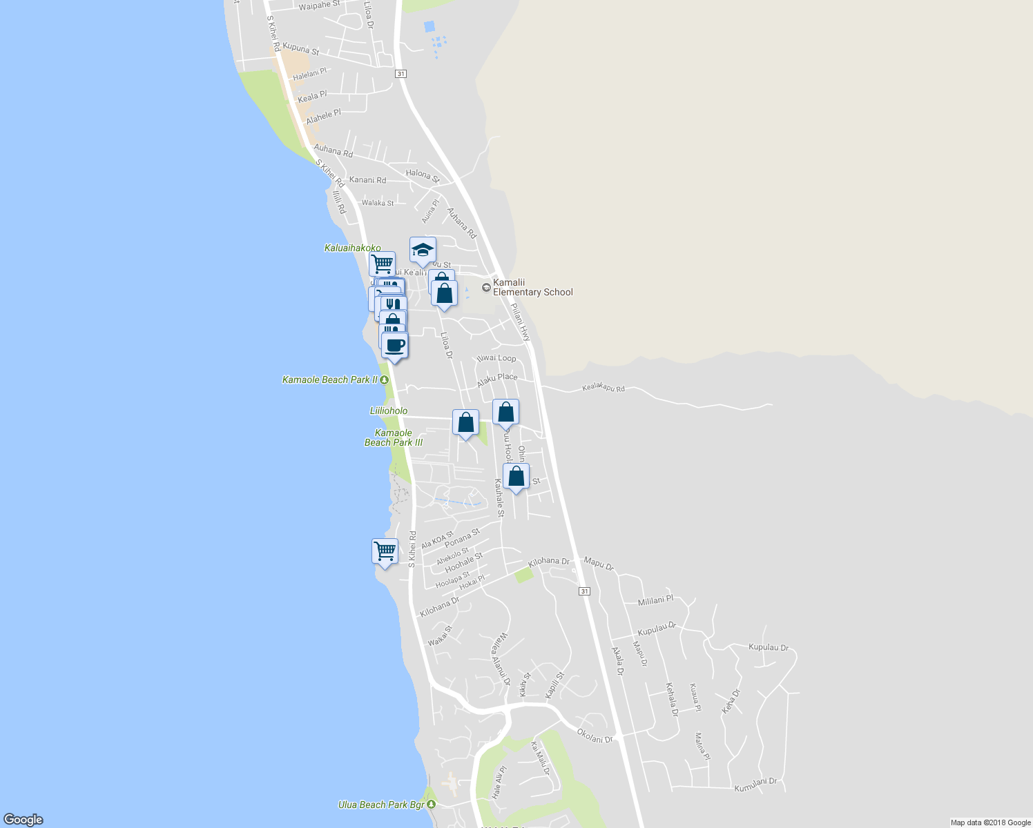 map of restaurants, bars, coffee shops, grocery stores, and more near 263 Keonekai Road in Kihei