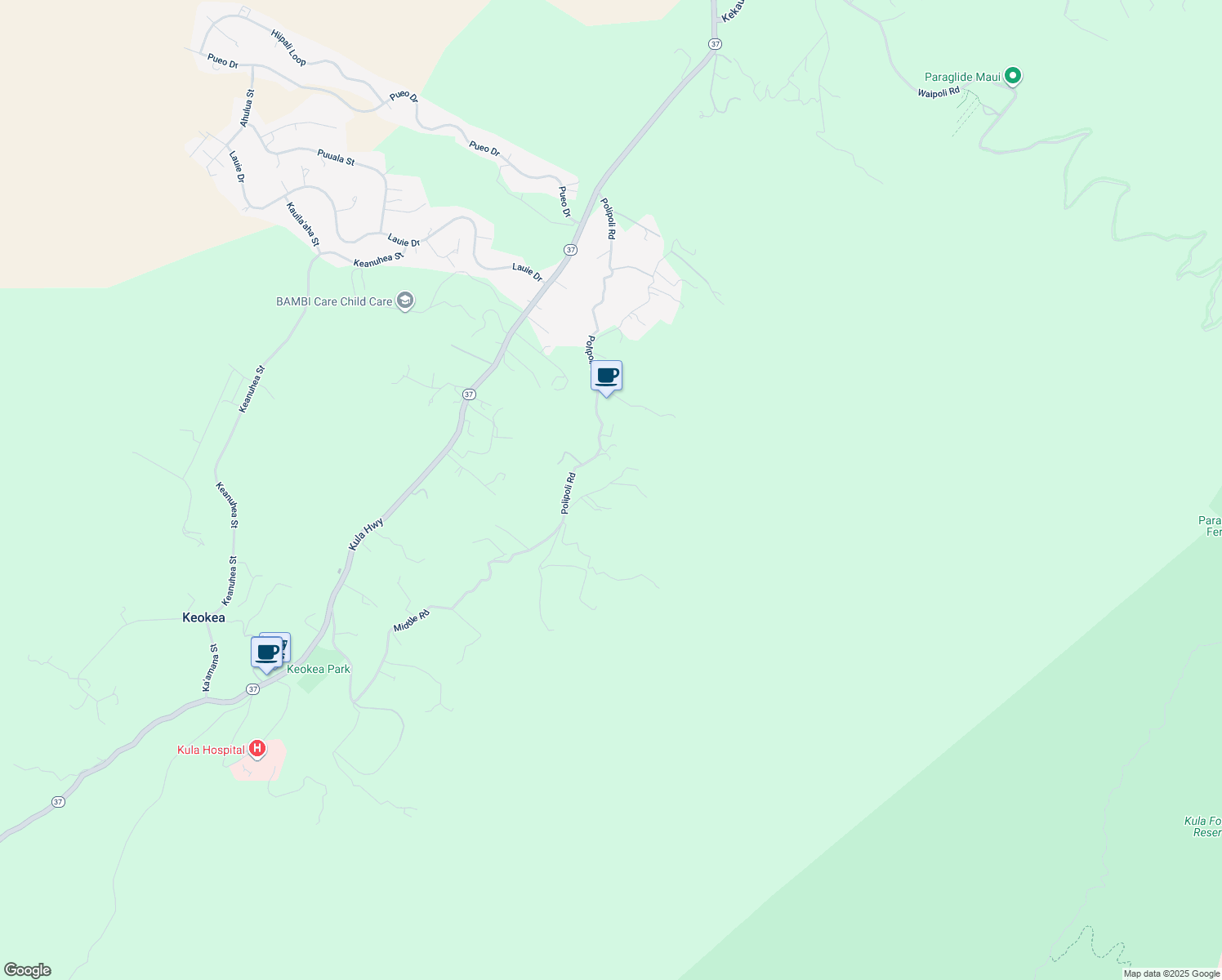 map of restaurants, bars, coffee shops, grocery stores, and more near 1405 Middle Road in Kula