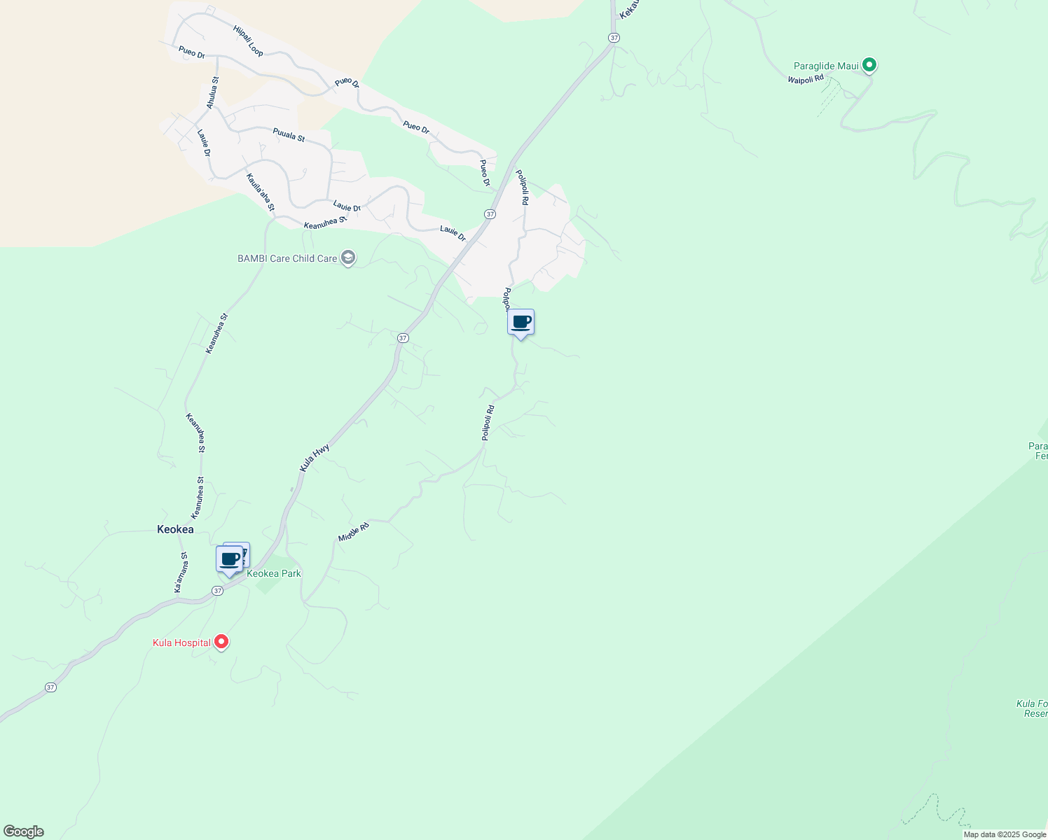 map of restaurants, bars, coffee shops, grocery stores, and more near 1405 Middle Road in Kula