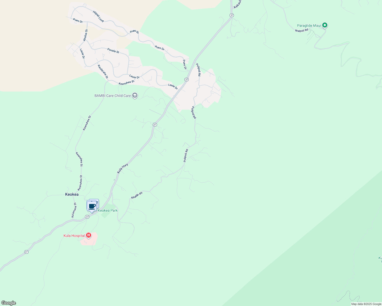 map of restaurants, bars, coffee shops, grocery stores, and more near 1172 Polipoli Road in Kula